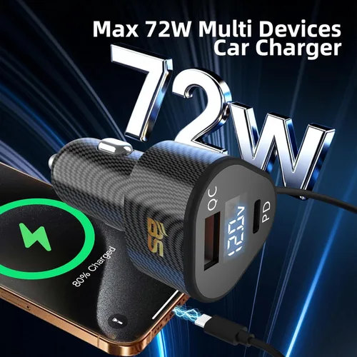 Vista 7 de Cargador de coche de 72 W para iPhone 17 16 15 Pro Max, cargador de coche 3 en 1 USB C de carga rápida con cable retráctil en espiral, adaptador