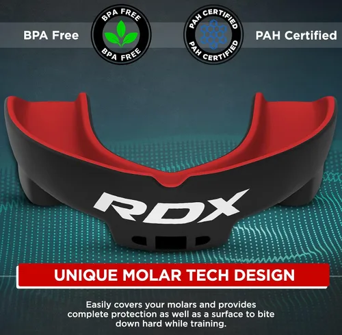 Vista 2 de RDX Protector Bucal para Boxeo MMA Kickboxing Muay Thai Judo Karate - Protector de Mandíbula con Funda de Almacenamiento para Adultos, Artes Rojo