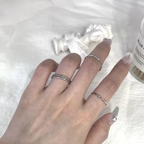 Vista 3 de Anillos Apilables de Plata de Ley 925 de Textura Martilleada Minimalista, Finos, Midi, para Núdulos