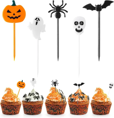 GlyinnHe 50 piezas de palillos de Halloween para cupcakes, palillos de dientes de plástico para cupcakes, alimentos, cócteles, aperitivos,