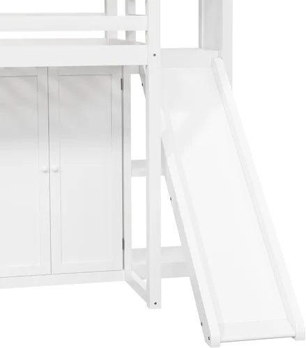 Vista 26 de Cama de casa de tamaño individual con elegantes ventanas y estantería, litera con diseño de castillo de madera con barandillas de seguridad