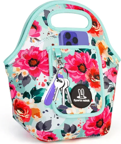 Vista 11 de Sports rabbit Lonchera térmica de neopreno para mujer, bolsa de almuerzo plegable con bolsillo frontal para teléfono y llaves, reutilizable, ligera