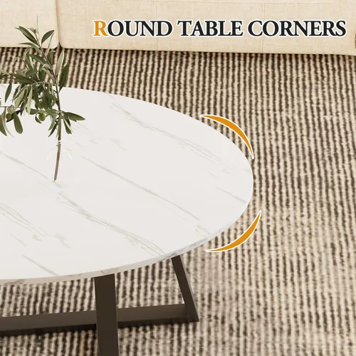 Vista 6 de Wolawu Mesa auxiliar pequeña ovalada, mesa de mármol sintético blanco para sala de estar, mesas de té centrales modernas para espacios pequeños
