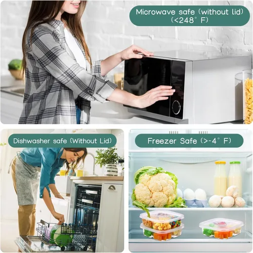 Vista 5 de Dandat 50 cajas Bento de plástico transparente, 4 compartimentos, reutilizables, contenedores de alimentos a prueba de fugas, caja Bento con tapas