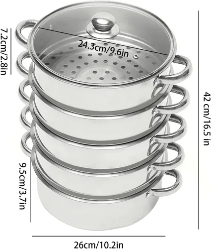 Vista 5 de Olla de vapor, olla de acero inoxidable de 5 niveles con tapa de vidrio y asas, olla de cocina para estufas de gas, cocinas de inducción, hornos