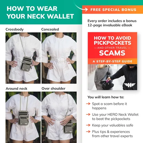 Vista 6 de HERO - Cartera para el cuello - Soporte para pasaporte con bloqueo RFID - Bolsa de viaje fácil de ocultar, gris (Army Grey), Cartera Rfid