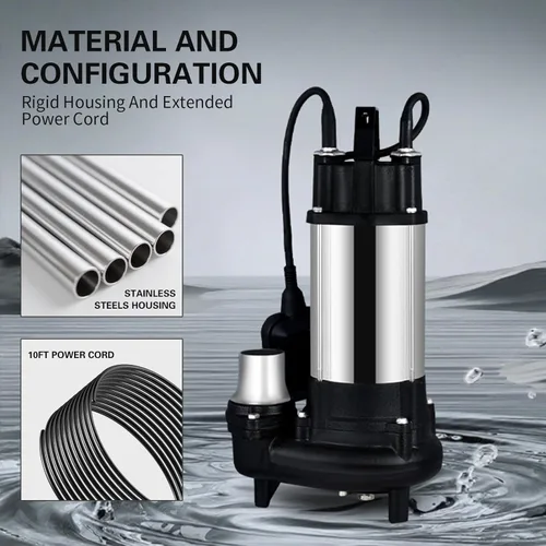 Vista 6 de Bomba de efluente sumergible resistente, carcasa de acero inoxidable, cable de alimentación de 10 pies, impulsor centrífugo que no se obstruye