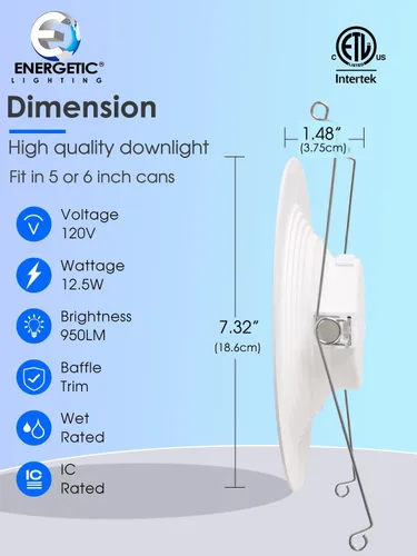 Vista 2 de Paquete de 2 luces LED empotrables 5CCT de 5/6 pulgadas, regulables con borde deflector, 2700 K/3000 K/4000 K/5000 K/6500 K seleccionables, 12.5 W =