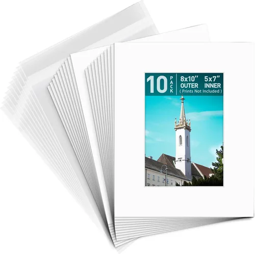Golden State Art, Paquete de 10 alfombrillas blancas de 8 x 10 pulgadas con núcleo blanco corte biselado para fotos de 5 x 7 + respaldo + bolsas