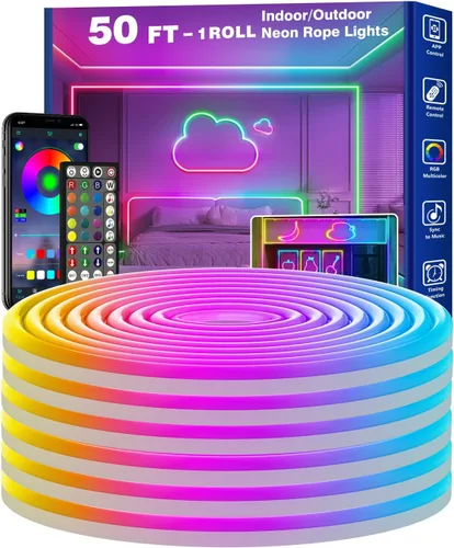 Vista 9 de RCUICA Cuerda de luces LED de neón de 100 pies impermeable con control remoto de aplicación inteligente, modos de escena de bricolaje, cronización