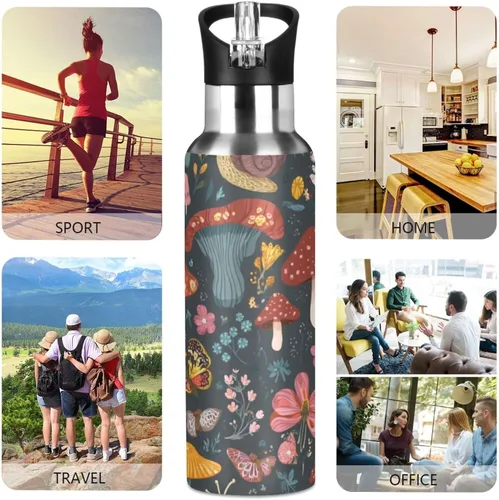 Vista 4 de Kcldeci Botella de agua deportiva de acero inoxidable con aislamiento al vacío de 20 onzas, setas, caracoles, mariposas, mariquitas, botella de agua