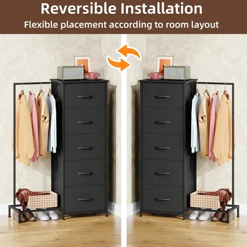 Vista 6 de Somdot Cómoda con estante para colgar, armario pequeño de 5 cajones para dormitorio, cómoda reversible con perchero, cómoda para niños para Negro