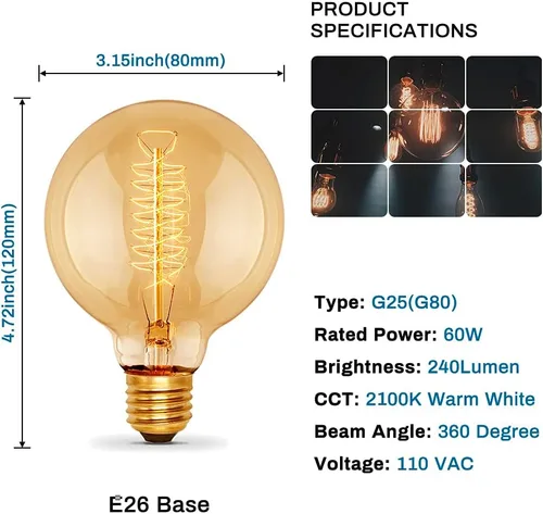 Vista 2 de Bombillas Edison G25 (G80), bombilla incandescente retro de 60 W, base mediana E26, 240 lúmenes, 2100 K, blanco cálido, luz regulable para el hogar