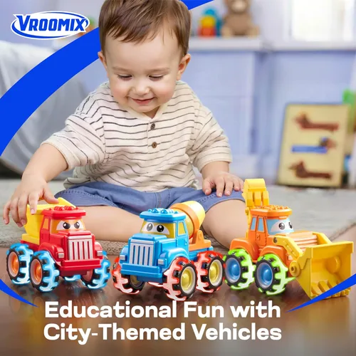 Vista 3 de Vroomix Jova GlowRover 3 Pack Juguetes de Camiones Monstruo, Coches de Construcción de la Ciudad con Ruedas LED Iluminadas, Coches con Motor