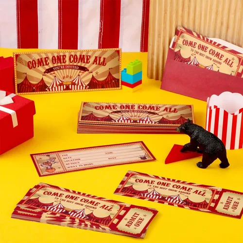 Vista 3 de Fuutreo 50 invitaciones de fiesta de circo con sobres, invitaciones vintage de carnaval, cumpleaños, invitaciones de doble cara para fiesta