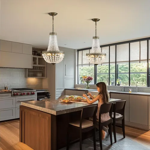 Vista 7 de 4 luces estilo imperio francés, mini lámpara de cristal para granja, acabado de latón antiguo, lámpara de techo para comedor, dormitorio, vestíbulo