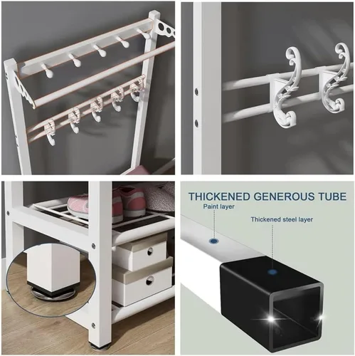 Vista 2 de Perforación para ropa, Perchero, Perchero, Zapatero, Entrada, Almacenamiento, Diseño 4 en 1, Con Ganchos Colgantes, Muebles de acento industrial