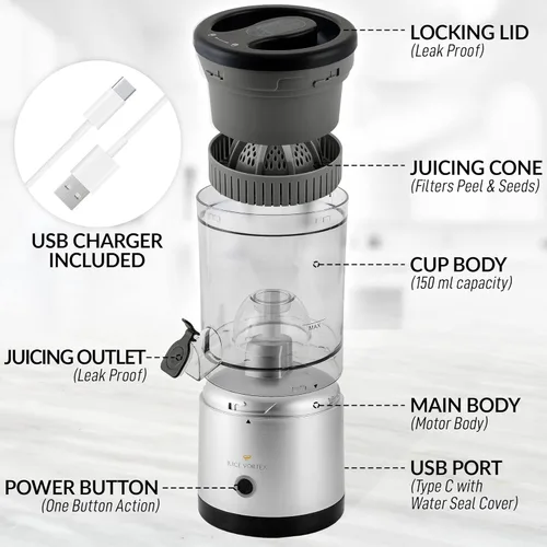 Vista 6 de Zulay Kitchen Juice Vortex - Exprimidor de limón y naranja - Exprimidor eléctrico de cítricos - Exprimidor recargable - Exprimidor portátil