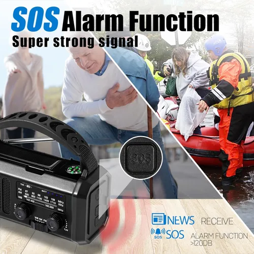 Vista 6 de Radio de manivela de emergencia de 10000 mAh, radio meteorológica NOAA/AM/FM, carga tipo C, carga solar, SOS, linterna LED de 3 modos, lámpara