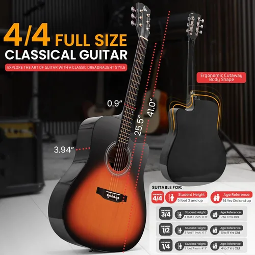 Vista 3 de Pyle Kit de guitarra acústica de cuerdas de acero, 4/4 de tamaño completo con corte, guitarra acústica totalmente de madera con juego de accesorios