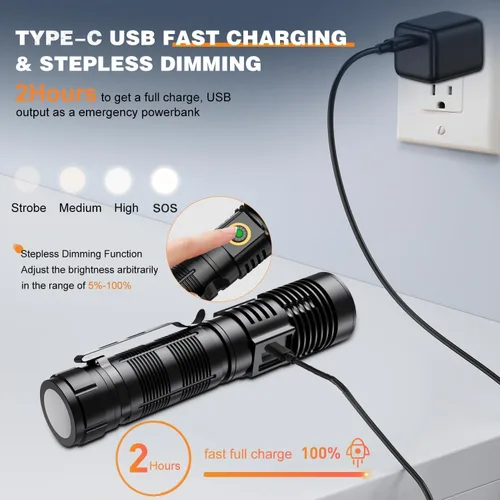 Vista 4 de Hoxida Linternas Tácticas Pequeñas de Alta Luminosidad - 1500 Metros de Haz Largo Súper Brillante, Linterna LED Magnética Recargable por USB