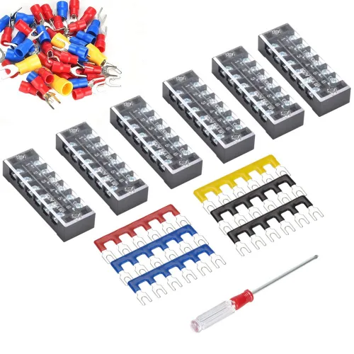 Vista 13 de 73 piezas (6 juegos) Juego de bloques de terminales, 6 piezas de tira de terminales de tornillo de doble fila de 4 posiciones 600V 15A + 6 piezas
