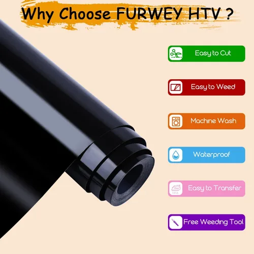 Vista 2 de FURWEY Vinilo de transferencia de calor negro para planchar, rollo de vinilo HTV de 12 x 45 pies, fácil de cortar y desmalezar para diseño de vinilo