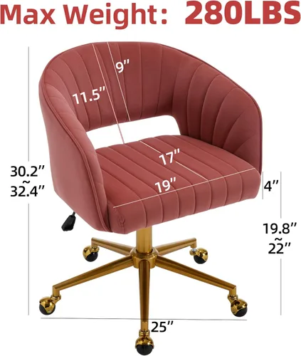 Vista 3 de Sillas de escritorio para oficina en casa Westice, silla de escritorio de terciopelo moderna, silla giratoria de tocador con base dorada ajustable