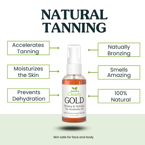 Vista 7 de Isabella's Clearly GOLD, Aceite de bronceado 100% natural con bronceador Aceite corporal hidratante para un brillo de bronce saludable con oliva