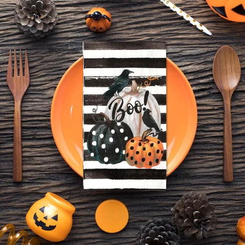 Vista 6 de AnyDesign - Servilleta de papel desechable de 3 capas para invitados de Halloween, toalla de mano con rayas de calabaza y cuervo, servilletas