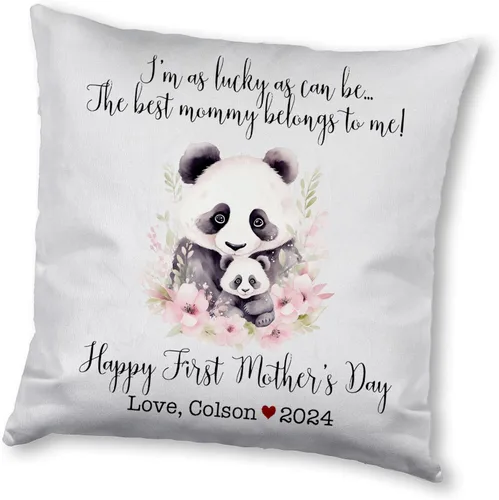 Vista 16 de Funda de almohada personalizada para el primer día de la madre, diseño de panda con niños, funda de almohada personalizada para el día de la madre