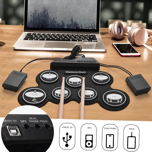 Vista 4 de Juego de batería de silicona enrollable USB de tamaño compacto, kit de batería electrónica digital, 7 almohadillas de batería con baquetas, pedales