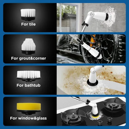 Vista 6 de Limpiador eléctrico giratorio, limpiador de baño mejorado, cepillo de limpieza de ducha eléctrico con mango extensible y 4 cabezales de cepillo