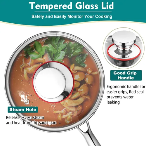 Vista 3 de P&P CHEF Olla y cacerola de tres capas de 1 cuarto de galón, sartén de acero inoxidable con tapa, olla de inducción de cocina, utensilios de cocina