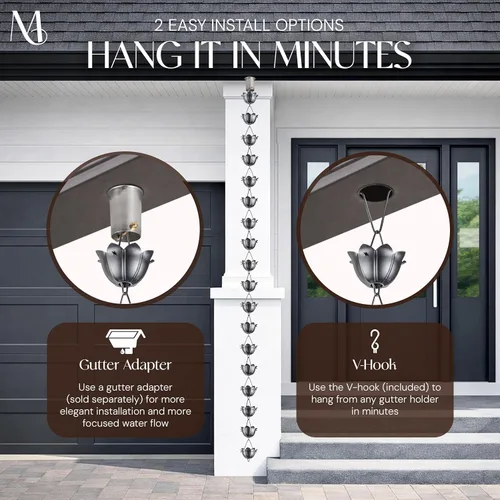 Vista 5 de Monarch Rain Chains Cadenas de lluvia de estaño de loto de aluminio para canaletas – Cadena de lluvia decorativa de peltre de 8.5 pies