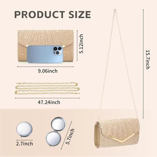 Vista 3 de Bolso de Mano Nocturno para Mujer con Correa de Cadena Intercambiable y Espejo – Bolso de Boda, Egreso y Fiesta