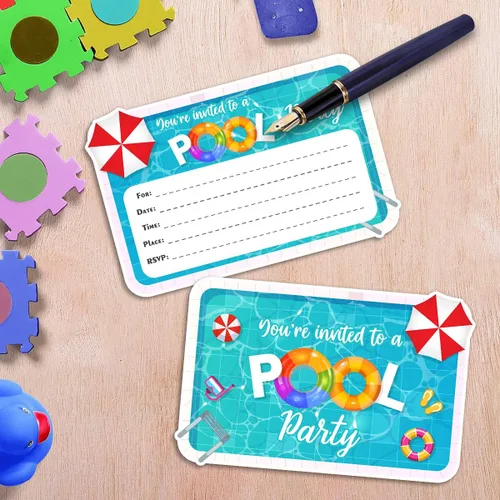 Vista 5 de Yangmics Direct - 30 invitaciones de fiesta de verano multicolor en la piscina con sobres para niños y niñas