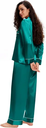 Vista 2 de Lonxu Conjunto de pijama de satén de seda para mujer, con botones, ropa de dormir, tallas XS a 3XL