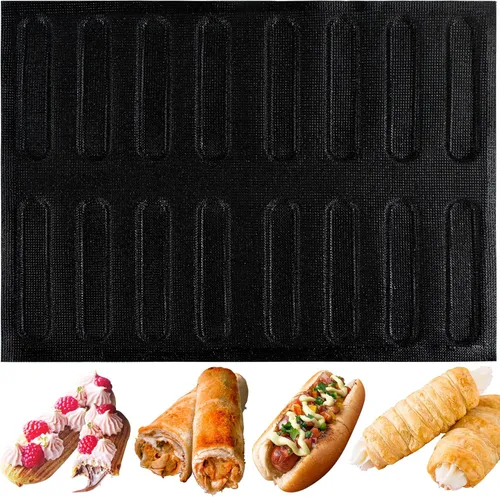 Vista 6 de Pan para hornear baguette pan perforado Eclair hojas de malla molde de silicona barra rectangular 15.7x11.8x1.3 in 10-cavidad por agujero