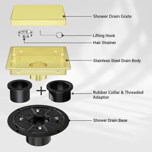 Vista 5 de EXF Coladera de ducha cuadrada de 6 pulgadas dorada cepillada con rejilla de inserción de azulejos, desagüe de suelo de ducha de acero inoxidable