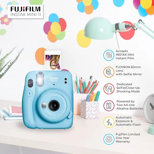 Vista 4 de Fujifilm Cámara instantánea Instax Mini 11 (azul cielo) - Película Fuji Instax Mini 20 hojas - Paquete de accesorios para cámara instantánea
