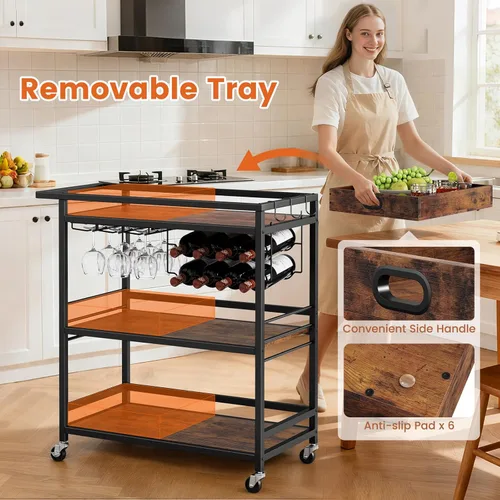 Vista 4 de Leteuke Carrito de Bar para el Hogar, Carro de Servicio con Ruedas de 3 Niveles en Negro, Carro de Bebidas, Soporte de Licores con Bandeja