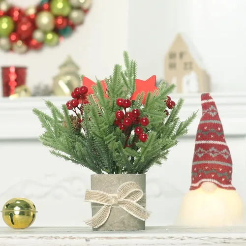Vista 5 de JIALEIXI 2 piezas de árbol de Navidad pequeño, mini árbol de Navidad de mesa, maceta artificial de 9 pulgadas para decoración de Navidad, adecuado
