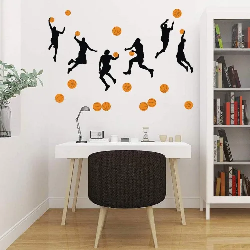 Vista 3 de Calcomanías de pared de silueta de baloncesto Slam Dunk (20 calcomanías), calcomanías de pared para jugadores deportivos, despegar y pegar, arte
