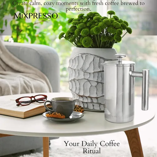 Vista 35 de Mixpresso Cafetera de Prensa Francesa de Acero Inoxidable Negro 26 Oz 770 ml, Prensa Francesa de Acero Inoxidable con Aislamiento de Doble Pared