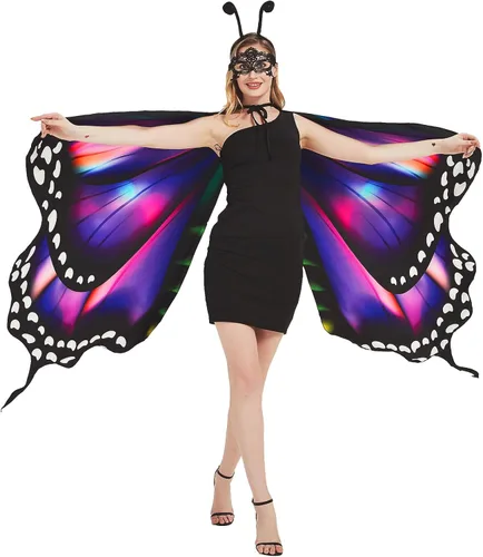 Vista 3 de Disfraces de Halloween para mujeres y adolescentes Chal de alas de mariposa dobles con máscara y diadema de antena