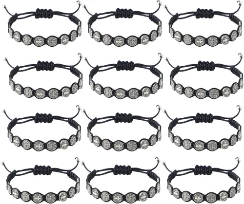 12 Pcs St Benedict Rosary Bracelet Set, Handmade Adjustable Red Cord with Medal & Cross, Religious Catholic Protection Jewelry Gifts for Women & Men