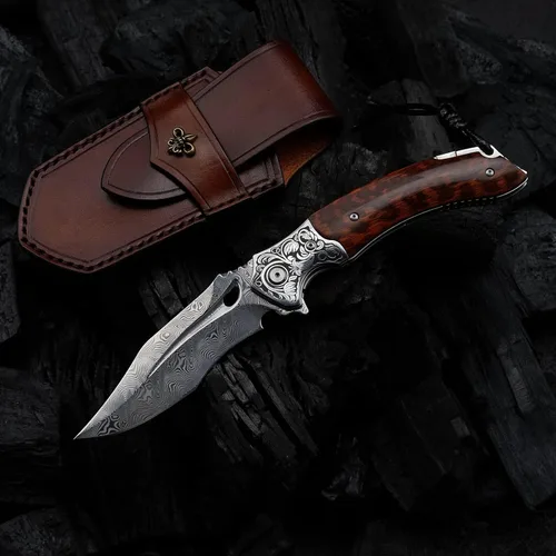 Vista 9 de Cuchillo plegable japonés VG 10 de acero de Damasco, Cuchillo de bolsillo de supervivencia al aire libre, Cerradura forrada con mango de madera