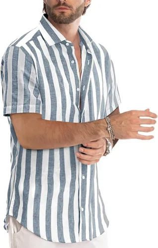 Vista 139 de JMIERR Camisas de vestir a rayas con botones y manga corta para hombre