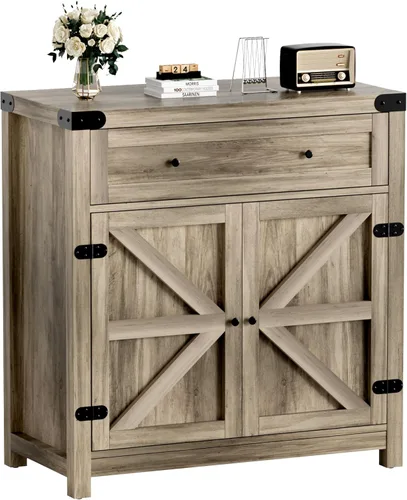 Vista 13 de YESHOMY Gabinete de Barra de Café y Acento, Aparador de Buffet de Granja con Puerta de Granero, Cajón y Estante Ajustable, Escritorio Ancho